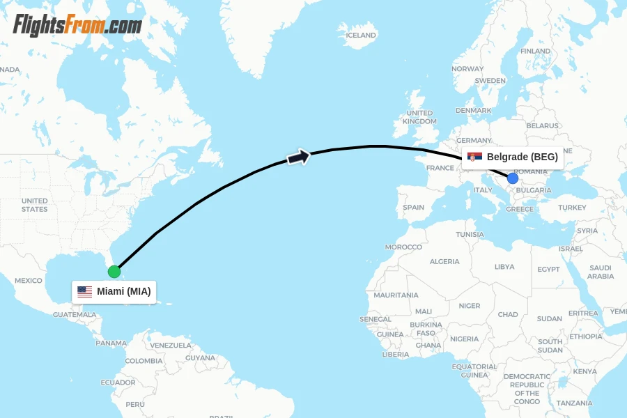 Flights from Miami to Belgrade route map