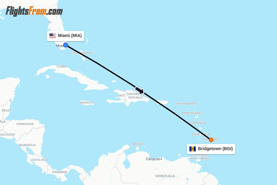Flights from Miami to Bridgetown route map
