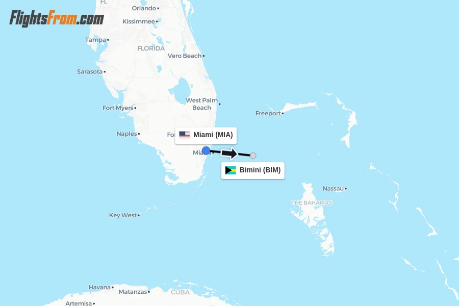 Flights from Miami to Bimini route map