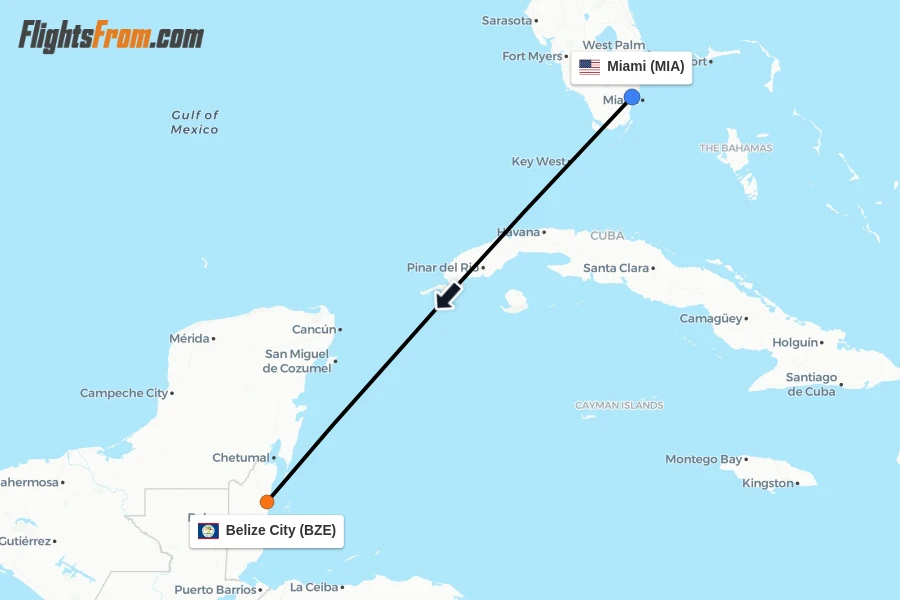 Flights from Miami to Belize City route map