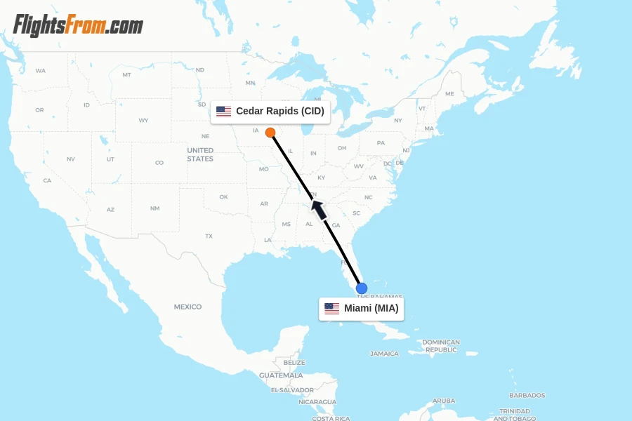Flights from Miami to Cedar Rapids route map