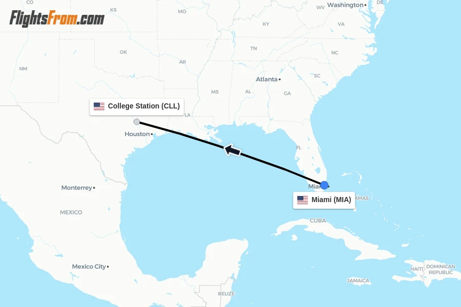 Flights from Miami to College Station route map