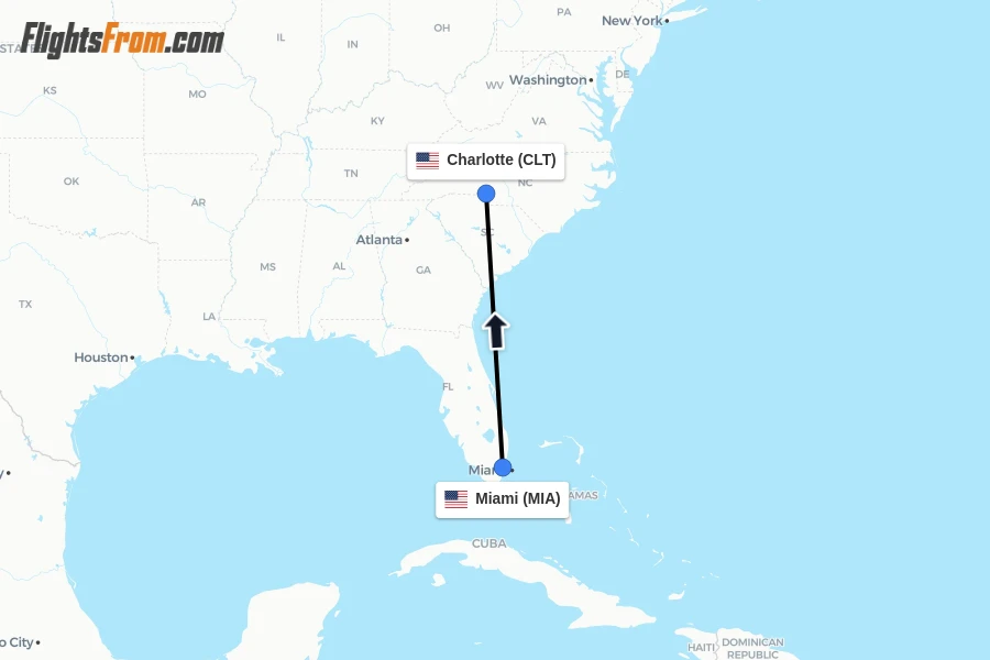 Flights from Miami to Charlotte route map