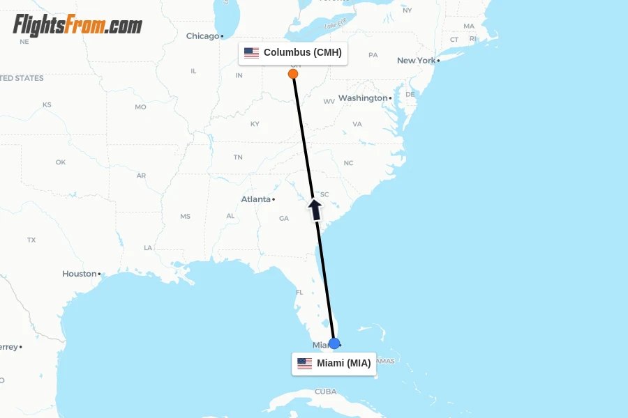 Flights from Miami to Columbus route map