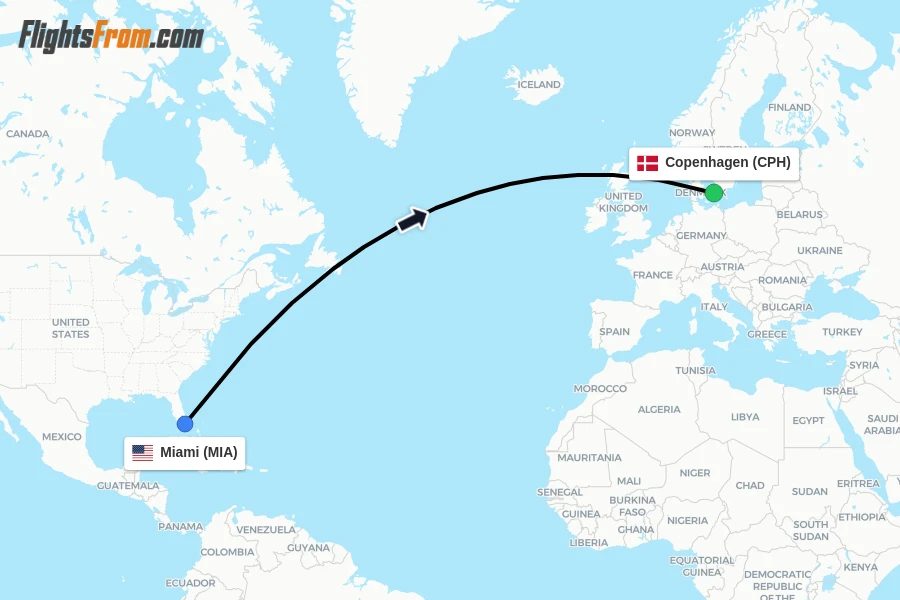 Flights from Miami to Copenhagen route map