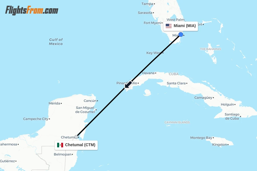 Flights from Miami to Chetumal route map
