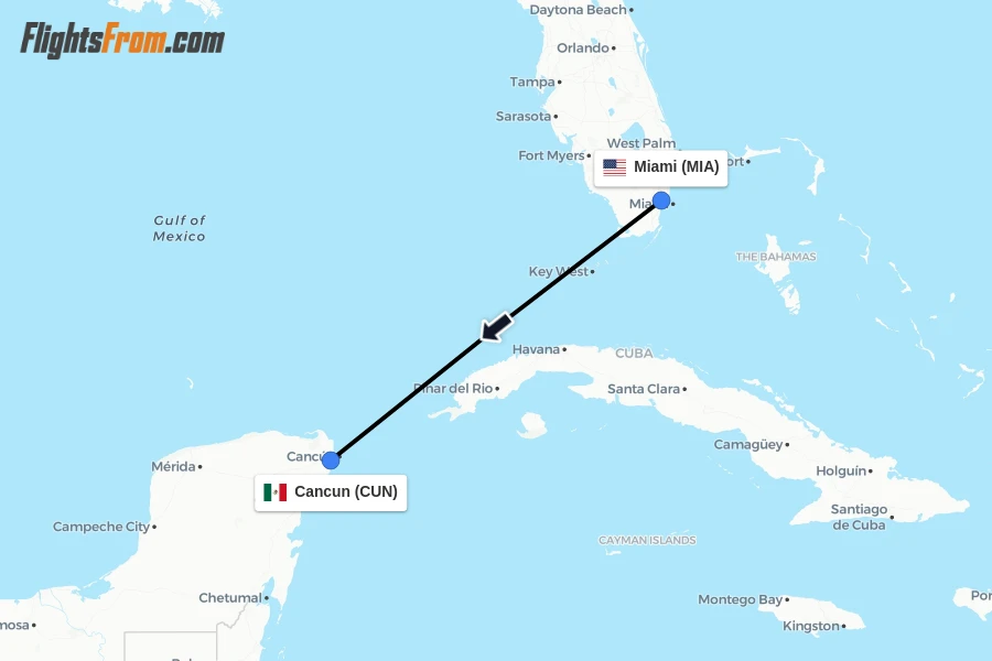 Flights from Miami to Cancun route map