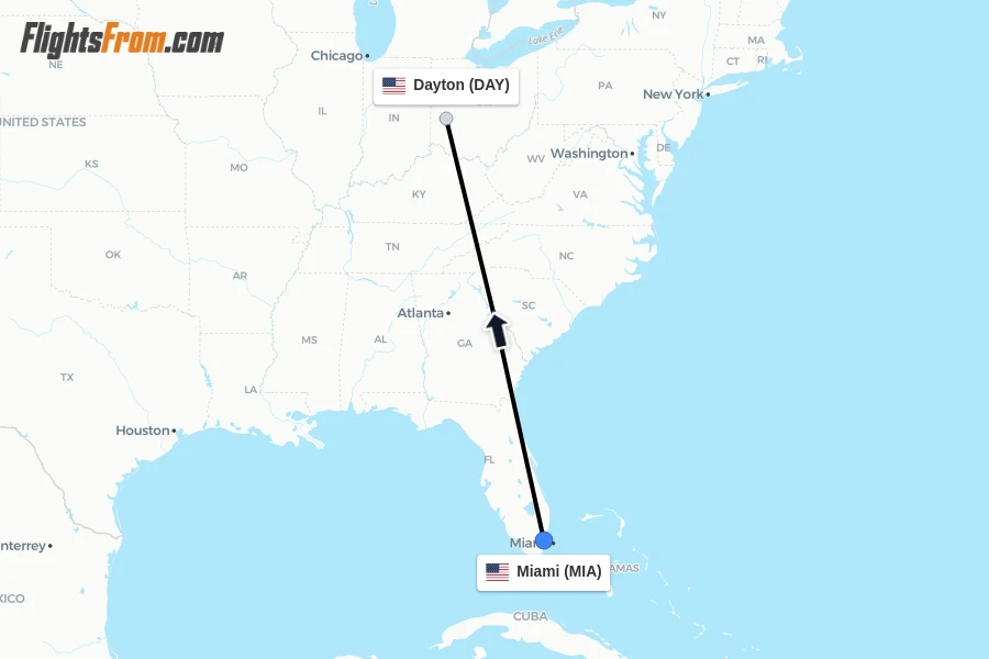 Flights from Miami to Dayton route map