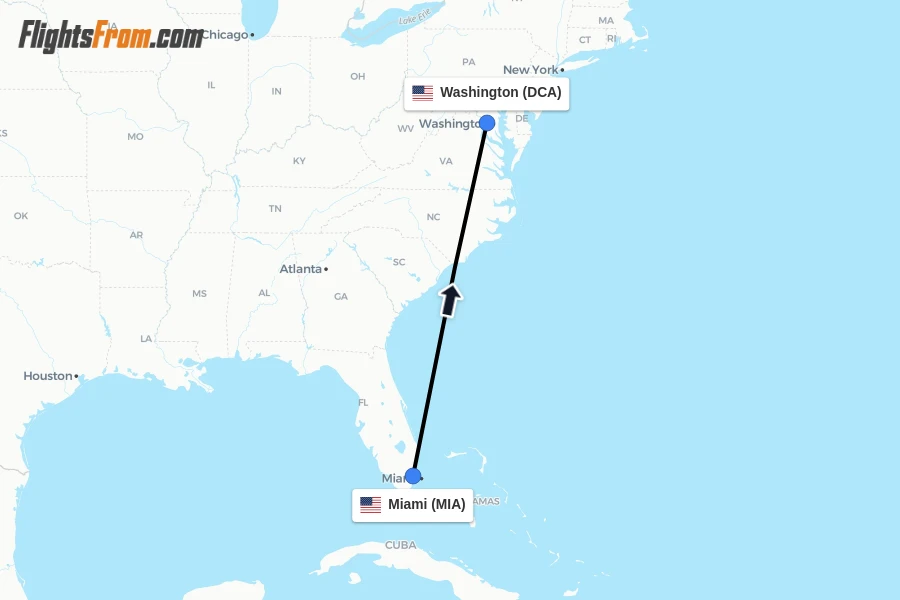 Flights from Miami to Washington route map
