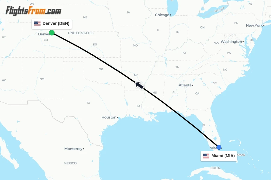 Flights from Miami to Denver route map