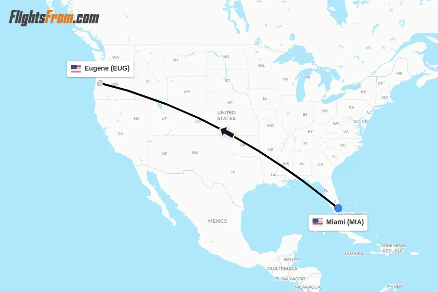 Flights from Miami to Eugene route map