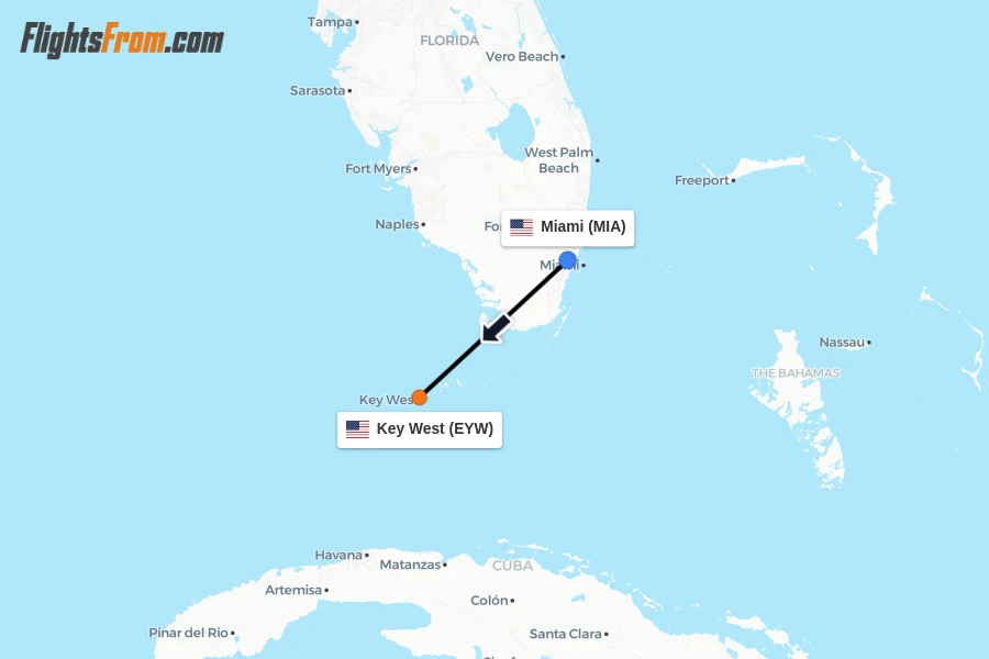 Flights from Miami to Key West route map