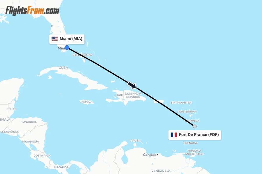 Flights from Miami to Fort De France route map