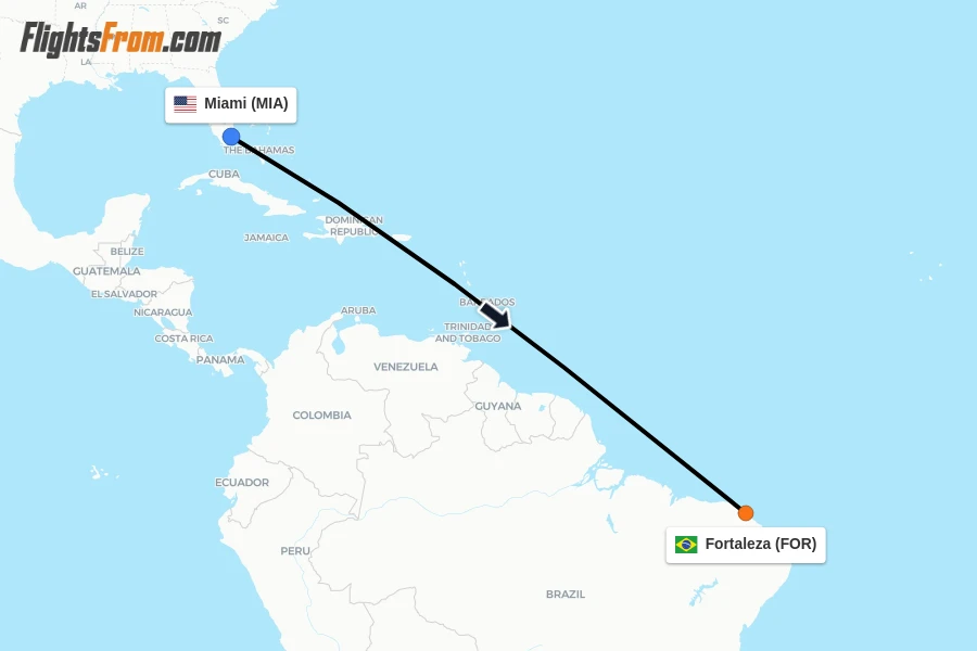 Flights from Miami to Fortaleza route map