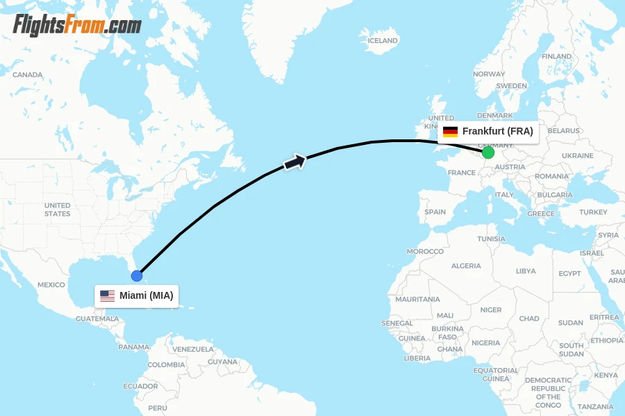 Flights from Miami to Frankfurt route map