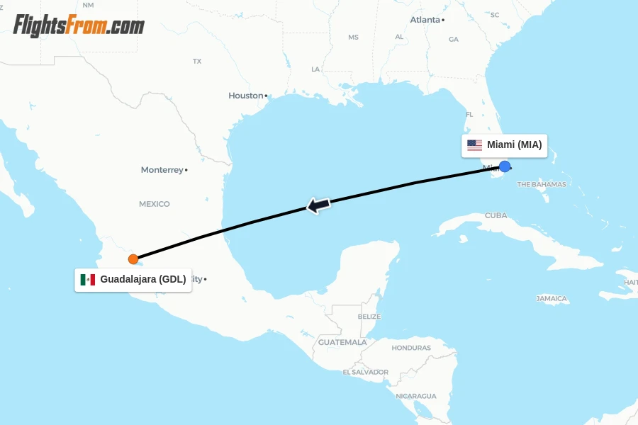 Flights from Miami to Guadalajara route map