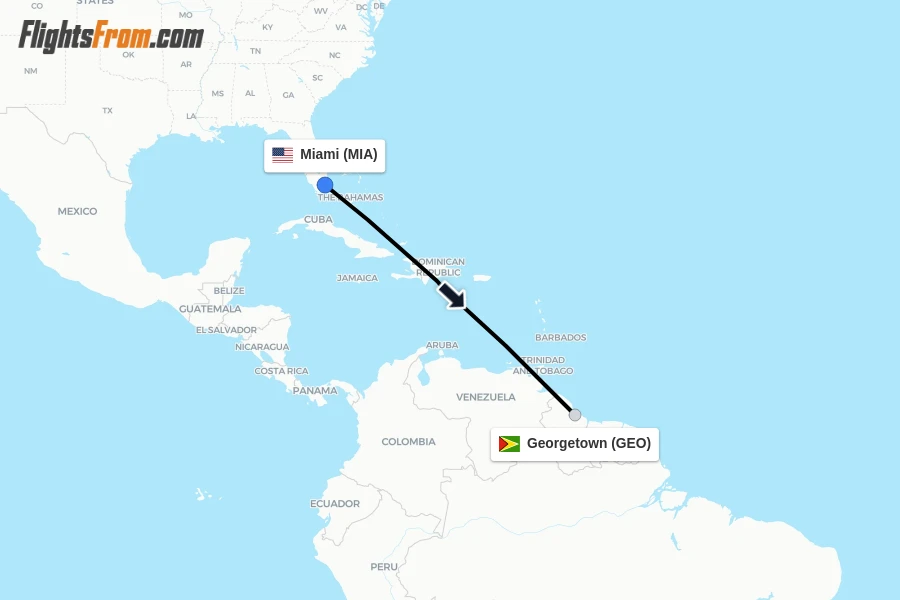 Flights from Miami to Georgetown route map