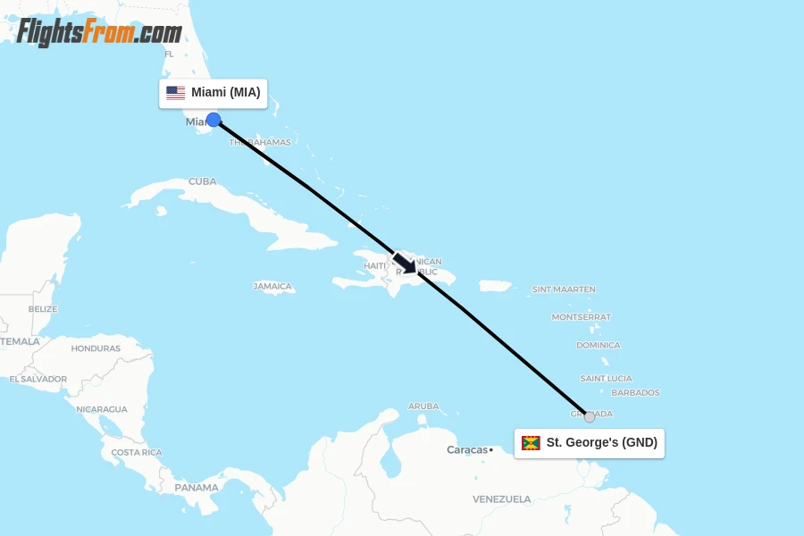Flights from Miami to St. George's route map