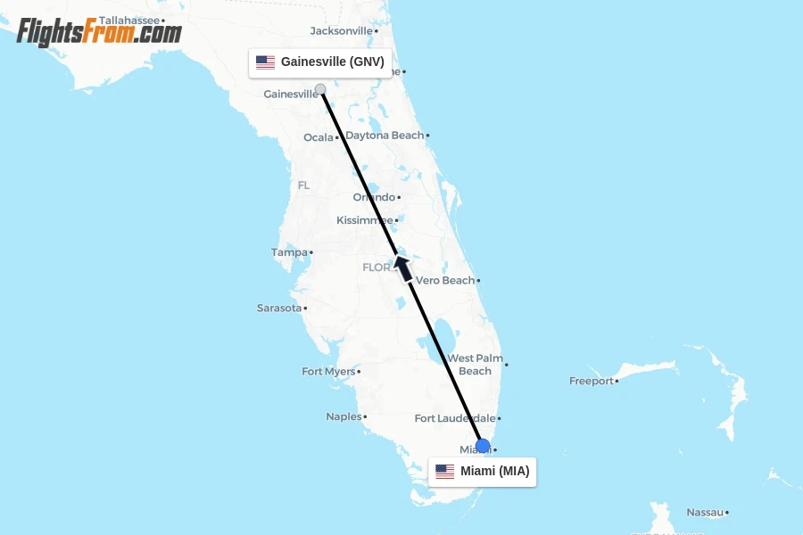 Flights from Miami to Gainesville route map