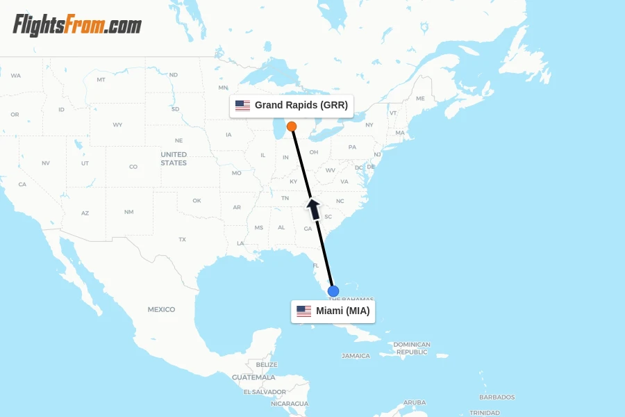 Flights from Miami to Grand Rapids route map