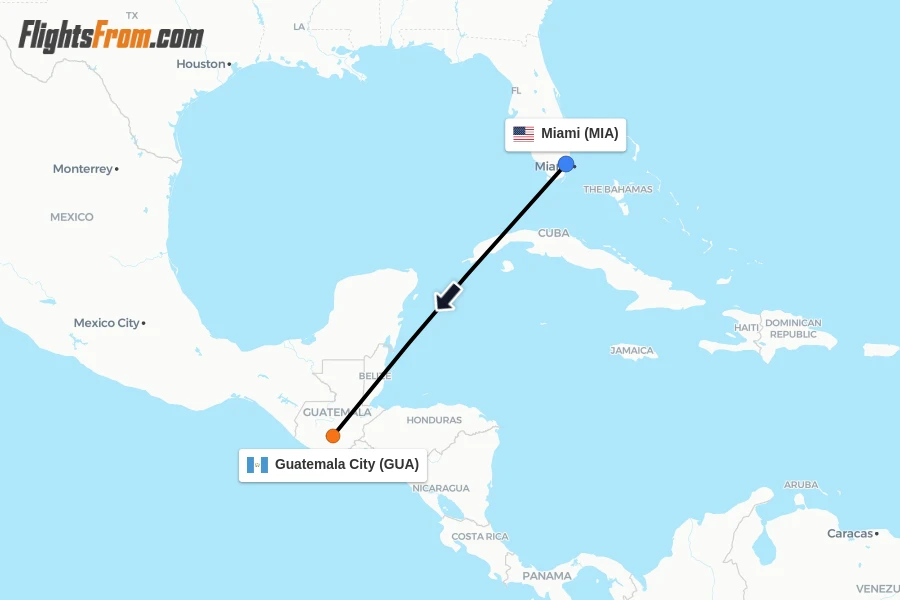 Flights from Miami to Guatemala City route map