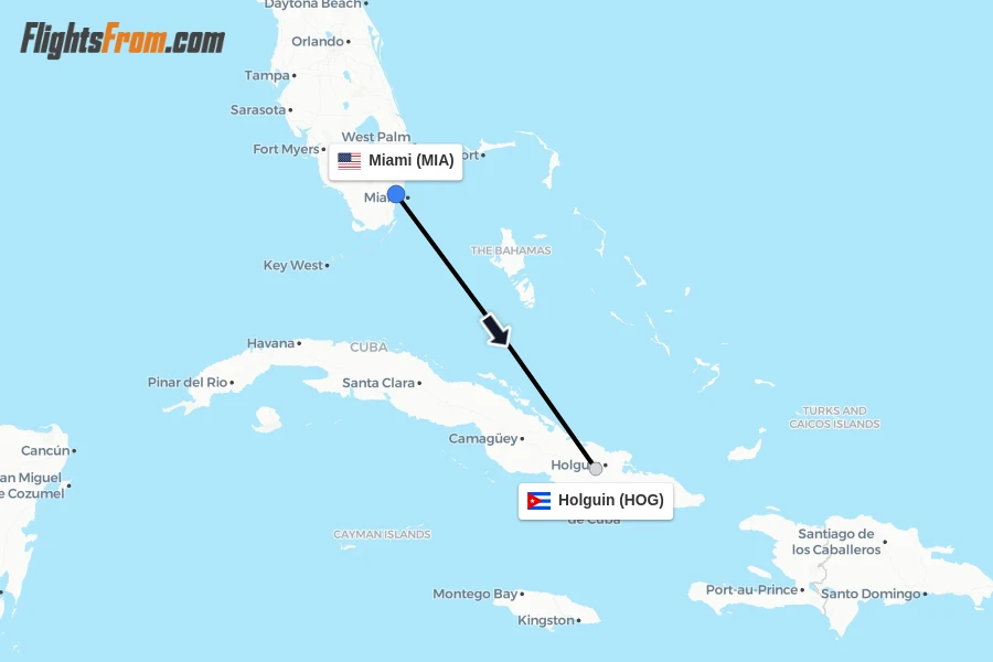 Flights from Miami to Holguin route map