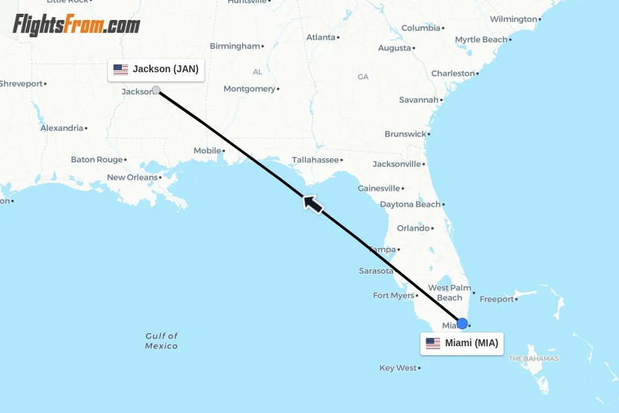 Flights from Miami to Jackson route map