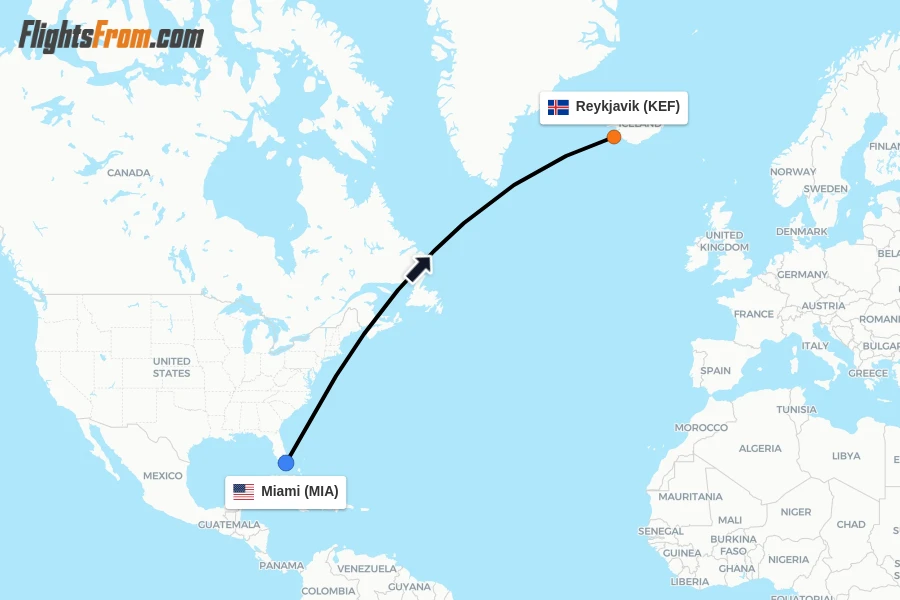 Flights from Miami to Reykjavik route map
