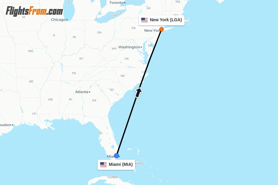 Flights from Miami to New York route map
