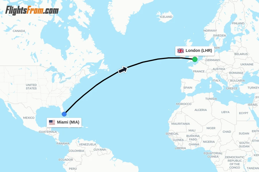 Flights from Miami to London route map