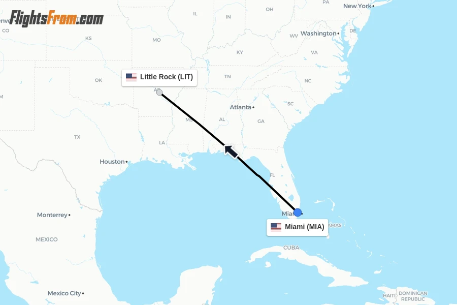 Flights from Miami to Little Rock route map
