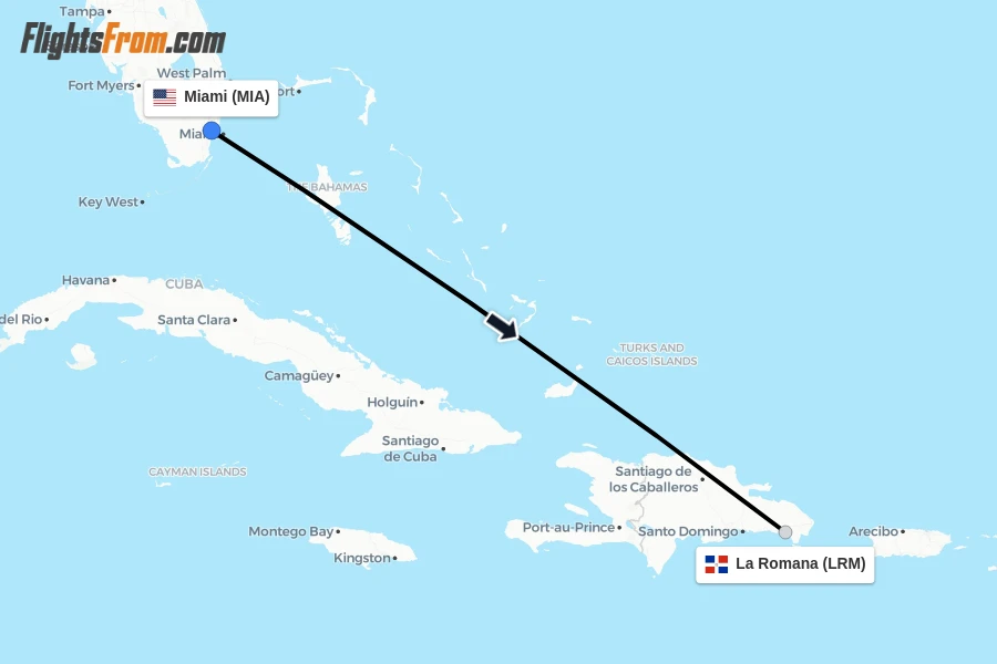 Flights from Miami to La Romana route map