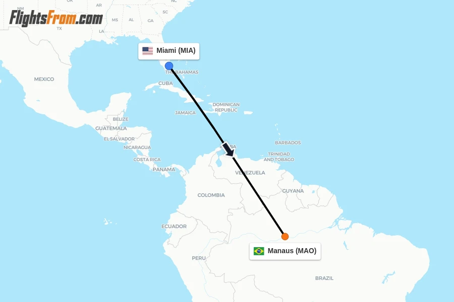 Flights from Miami to Manaus route map
