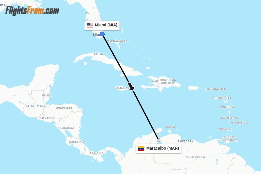 Flights from Miami to Maracaibo route map