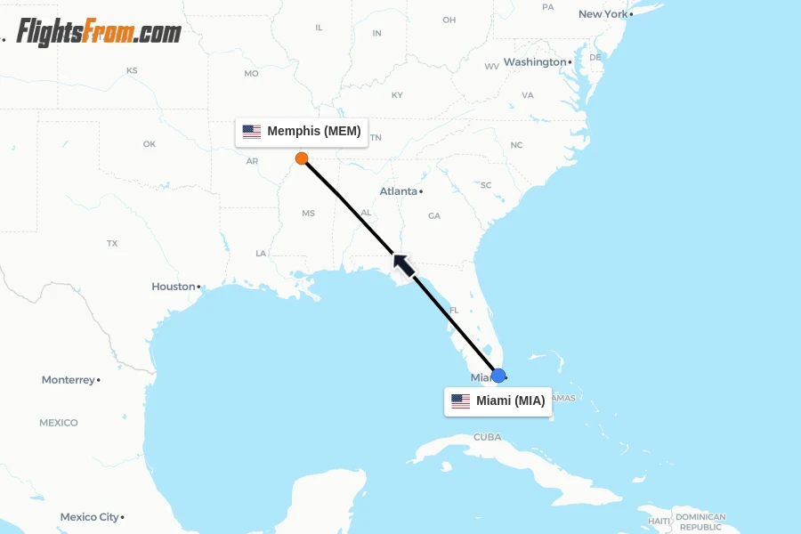 Flights from Miami to Memphis route map