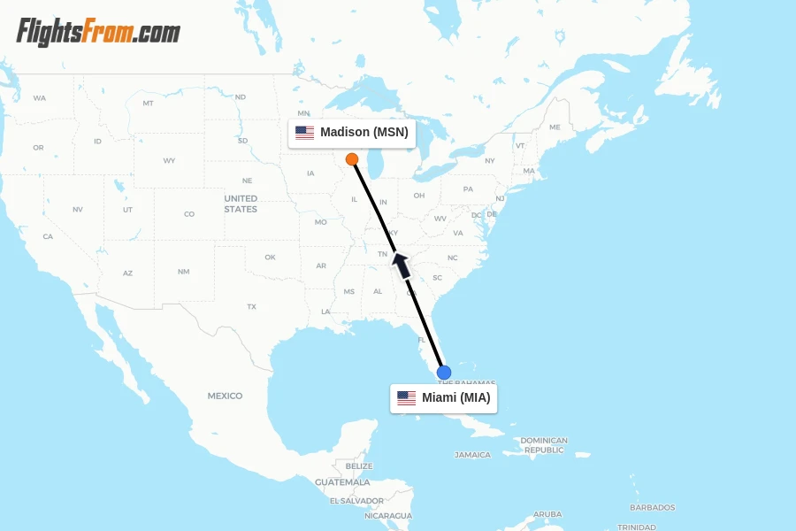 Flights from Miami to Madison route map