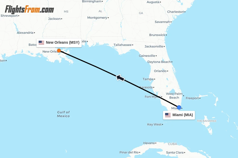 Flights from Miami to New Orleans route map
