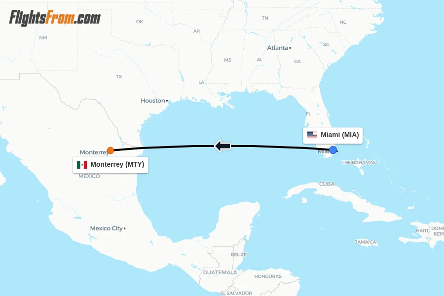 Flights from Miami to Monterrey route map