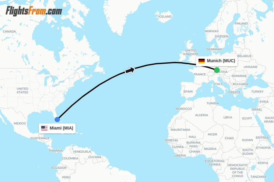 Flights from Miami to Munich route map