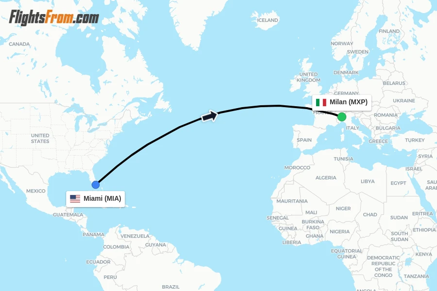 Flights from Miami to Milan route map