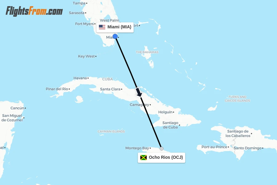 Flights from Miami to Ocho Rios route map