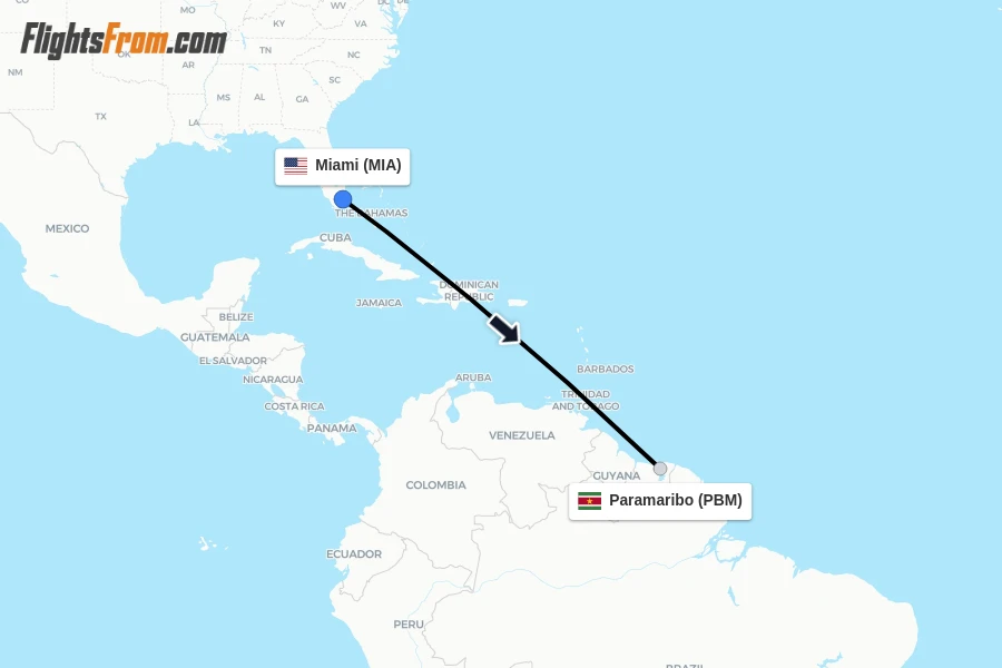 Flights from Miami to Paramaribo route map