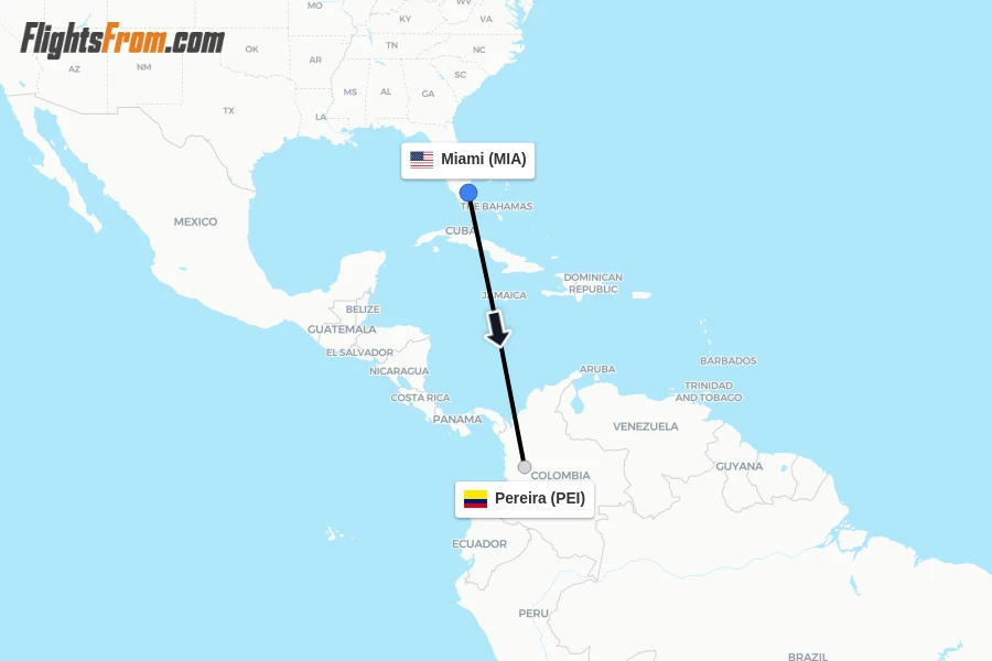 Flights from Miami to Pereira route map