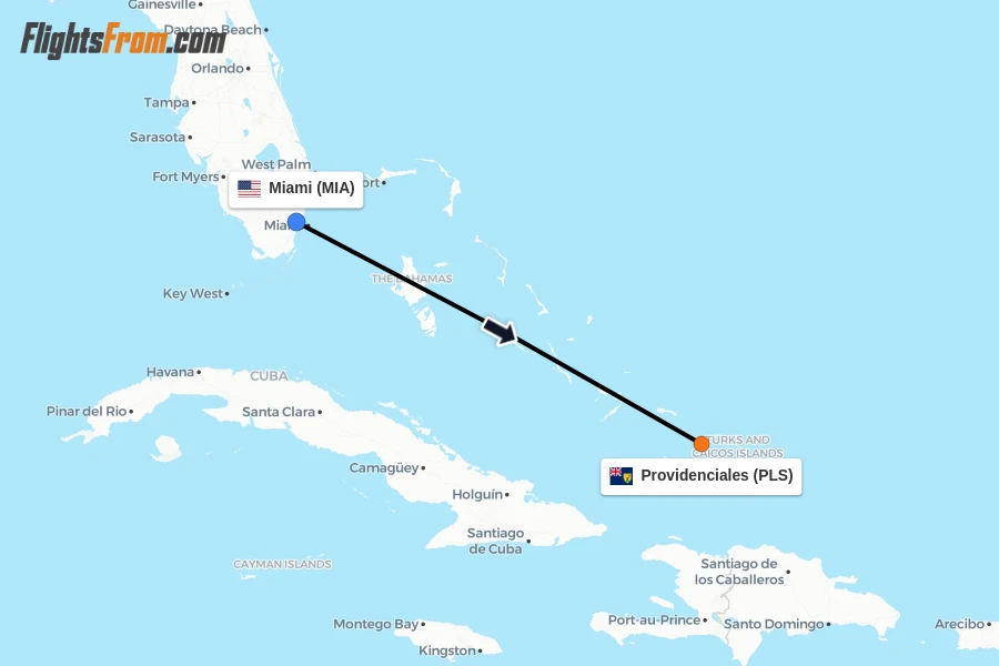 Flights from Miami to Providenciales route map