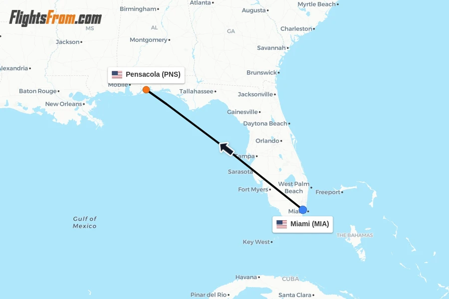 Flights from Miami to Pensacola route map