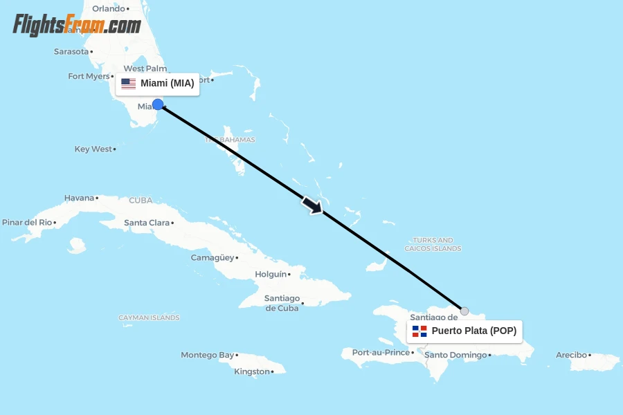 Flights from Miami to Puerto Plata route map