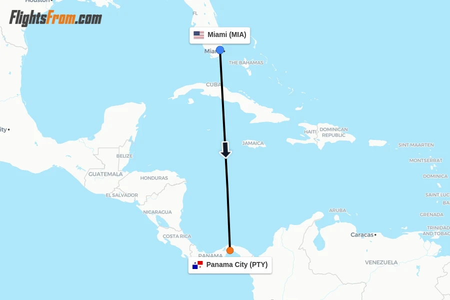 Flights from Miami to Panama City route map