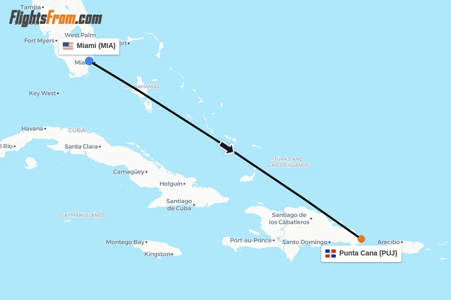 Flights from Miami to Punta Cana route map