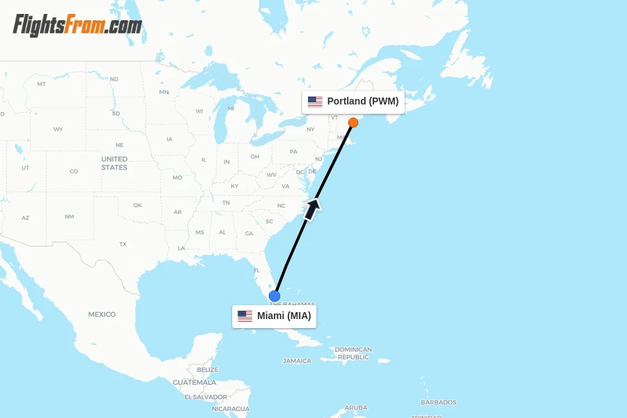 Flights from Miami to Portland route map