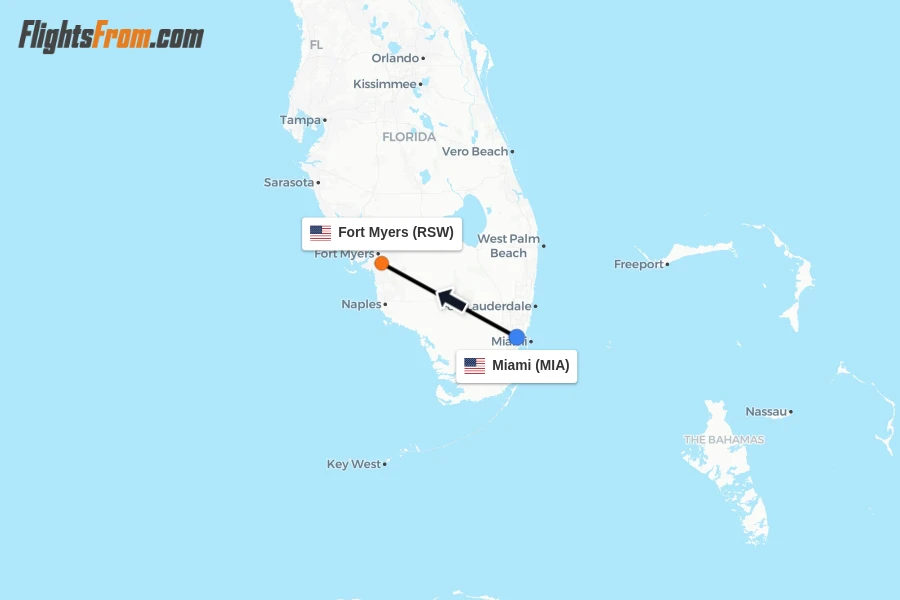 Flights from Miami to Fort Myers route map